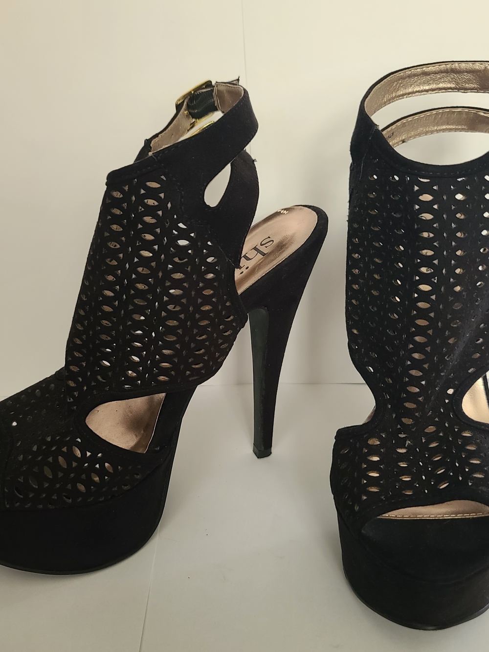 Shi by JOURNEYS Black Laser-Cut Platform Ankle-Strap Heels